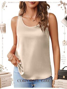 Satin Scoop Neck Sleeveless Camisole Tank Top Silky Dressy Layering Women's